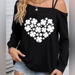 Black Off-Shoulder Top with White Heart Design